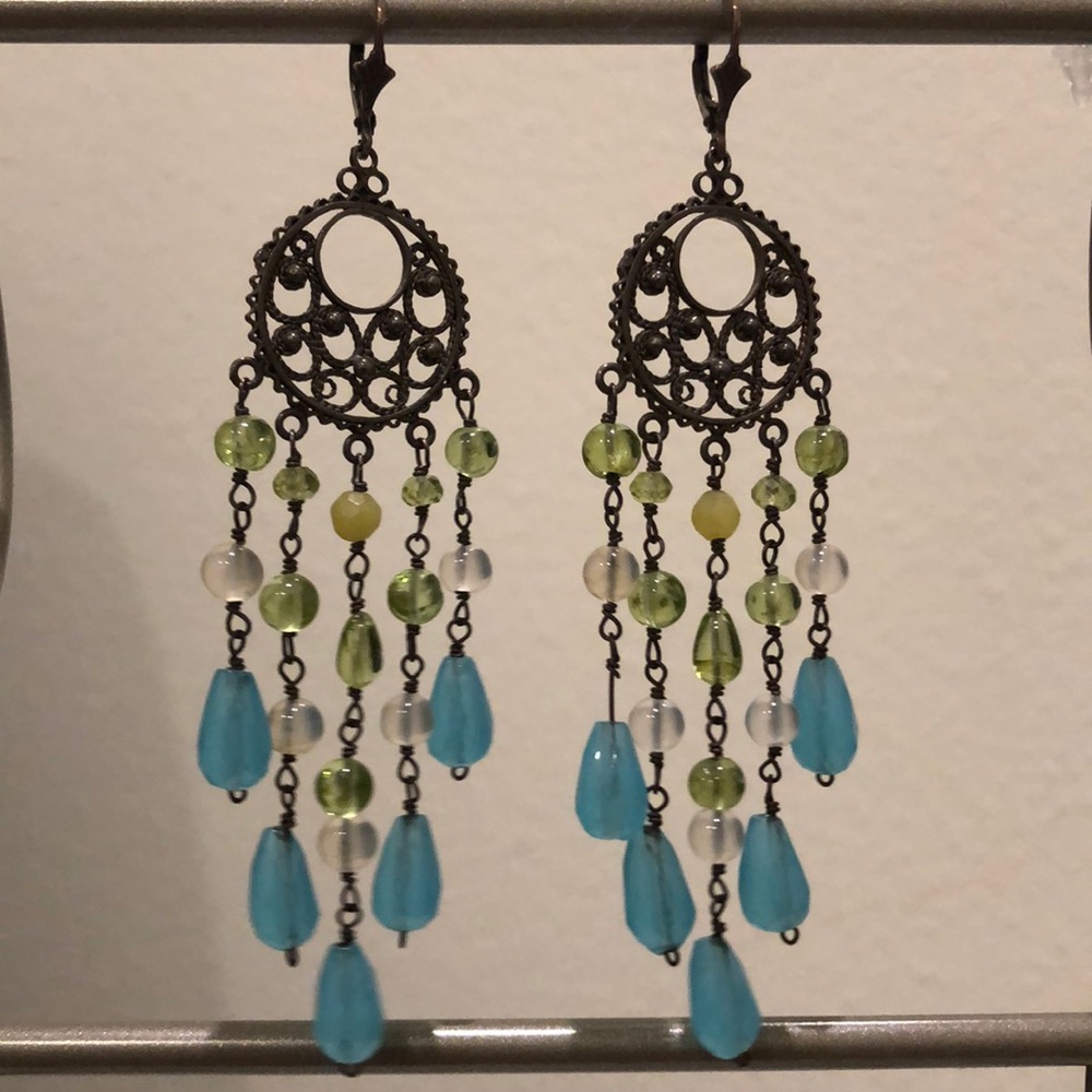 Stone & Oxidized Silver Chandelier Earrings